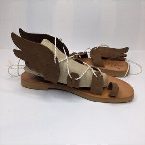 Pagonis Greek Sandals Handmade Brown Leather Winged Gladiator Shoes Size 37